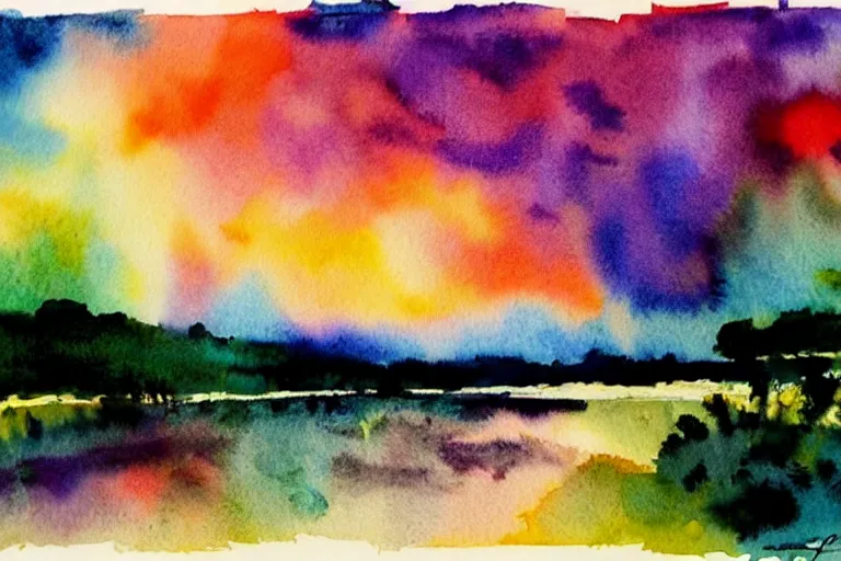 Prompt: Under a technicolor sky, watercolors