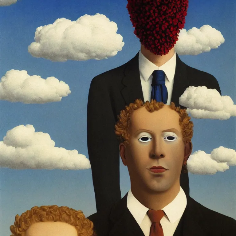 Prompt: portrait of a faceless beautiful flower - head man in a suit, clouds in the background, by rene magritte, detailed painting, distance, centered, hd, hq, high resolution, high detail, 4 k, 8 k