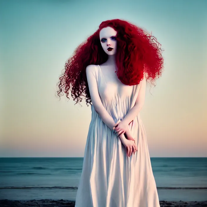 Prompt: a portrait photography of with red long curly hair and full body dress in white by Flora Borsi, stand up with the sea behind, soft sunset lighting, pastel colors scheme, fine art photography, dramatic backgroung, 50 mm sigma art