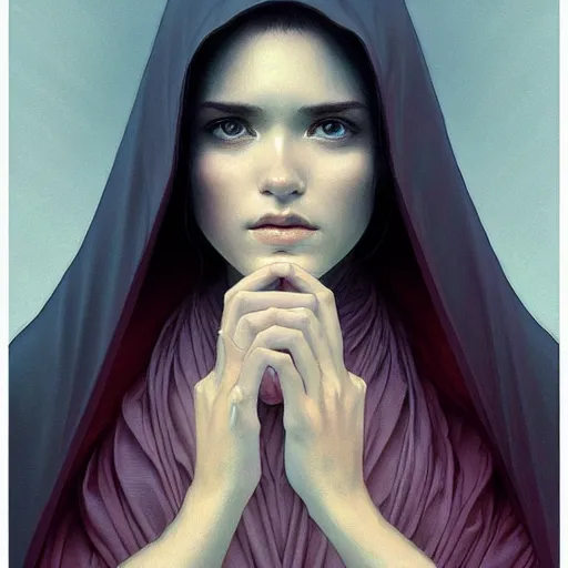 Prompt: Portrait of a young woman wearing a hooded robe, in a trance, intricate, elegant, highly detailed, digital painting, artstation, concept art, smooth, sharp focus, illustration, art by artgerm and greg rutkowski and alphonse mucha, by beksinski