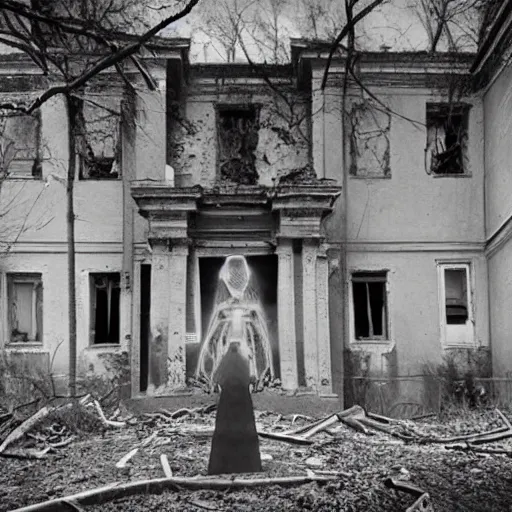 Image similar to 1860 photo of an ancient fractal demon-girl devouring his own soul on an abandoned hospital on the middle of a forest, spooky