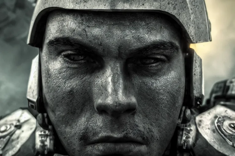 Prompt: VFX movie of a futuristic spacemarine closeup portrait in war zone, beautiful natural skin natural lighting by Emmanuel Lubezki