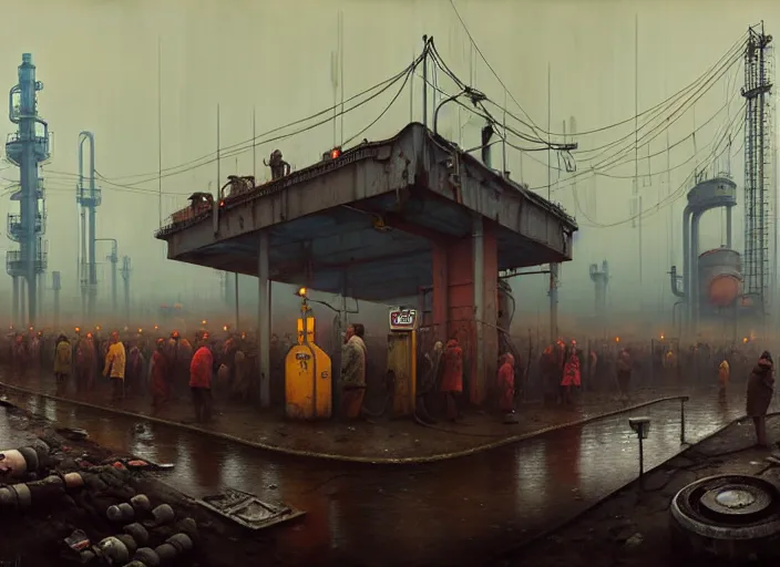 Prompt: waiting in line for crude oil by simon stalenhag and gil elvgren and tom bagshaw and marc simonetti and jan miense molenaer, slums, highly detailed, hyperrealism, dreary, cold, cloudy, grey, smog, high contrast, smogpunk, oilpunk, high saturation, intricate complexity