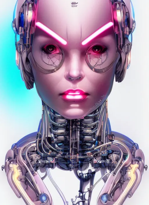 Prompt: portrait of a beautiful cyborg woman with neon light by Yukito Kishiro, biomechanical, hyper detailled, trending on artstation