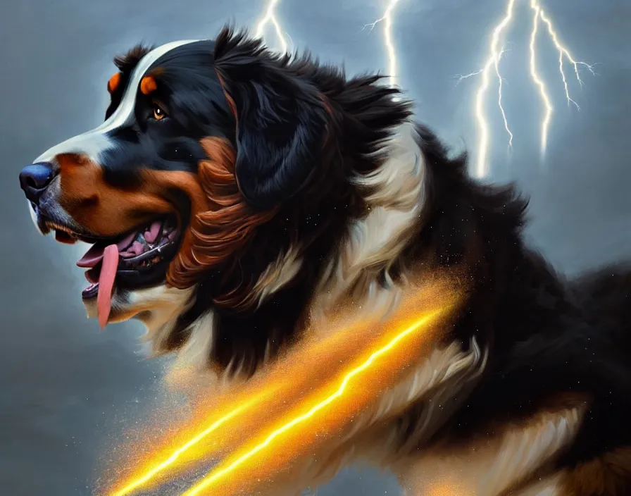 Prompt: an epic painting of a male anthropomorphic bernese mountain dog as zeus, shooting lightning bolts from his paws, by greg rutkowski, intricate details, artstation, furry, cinematic, hd, beautiful