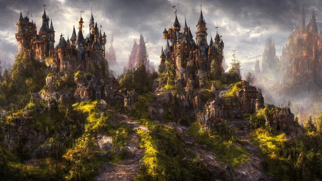 Prompt: fantasy castle, fantasy artwork by mark adamus, very very very beautiful scenery, hd, hdr, ue5, ue6, unreal engine 5, cinematic 4k wallpaper, 8k, ultra detailed, high resolution, artstation, award winning