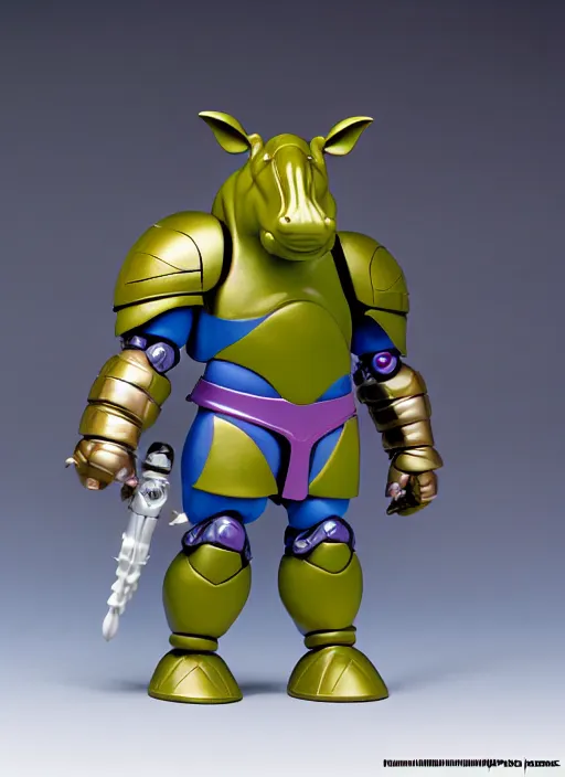 Prompt: Anthropmorphic hippo knight action figure from Micronauts, MOTU, symmetrical details, by Hasbro, Playmates Toys, Don Bluth, tfwiki.net photography, product photography, official media