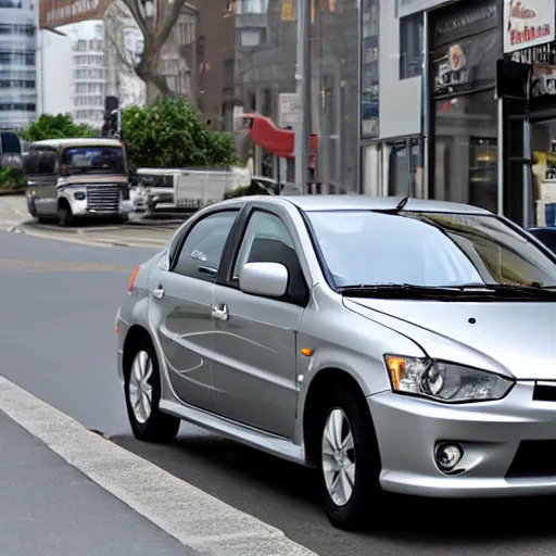 Prompt: silver 2 0 0 7 mitsubishi lancer parked on a wellington street, daylight, photograph