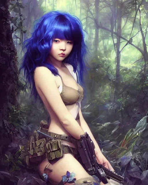 Image similar to stunningly beautiful girl with blue hair, korean, fantasy art, military girl, army girl outfit, soldier helmet, jungle background, dark light night, sharp focus, digital painting, 8 k, concept art, art by wlop, artgerm, greg rutkowski and alphonse mucha