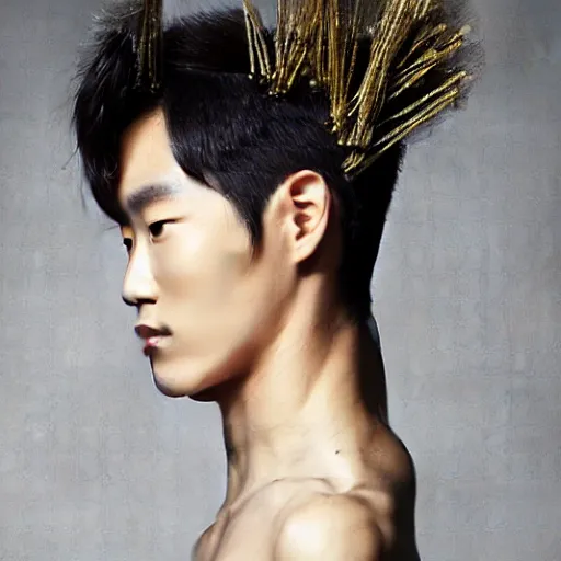 Prompt: a beautiful young male korean model wearing a hairsculpture made of hair and gold string, photoshot by erwin olaf