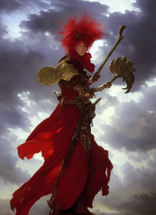 Prompt: A boisterous Red Mage wearing striped shining armor and a feathered hat holding a staff of power surrounded by an epic cloudscape. Magus. Red Wizard. Morpheus. masterpiece. 4k digital illustration. by Ruan Jia and Artgerm and Andreas Rocha and William-Adolphe Bouguereau and Edmund Blair Leighton. award winning, Artstation, intricate details, realistic, Hyperdetailed, 8k resolution. Concept Painting. Key Art