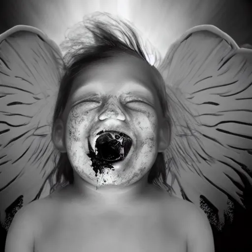 Image similar to angel, smiling, unnatural grin, horror, creepy, smoke, black, dark, glow