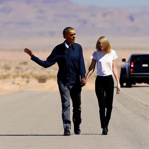 Prompt: Taylor Swift holding hands with Obama on a desert highway, distant, mid day, noon, desert, centered