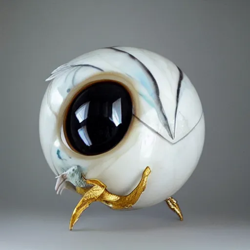 Image similar to eyeball with wings and fangs, white marble with gold accents, by ellen jewett