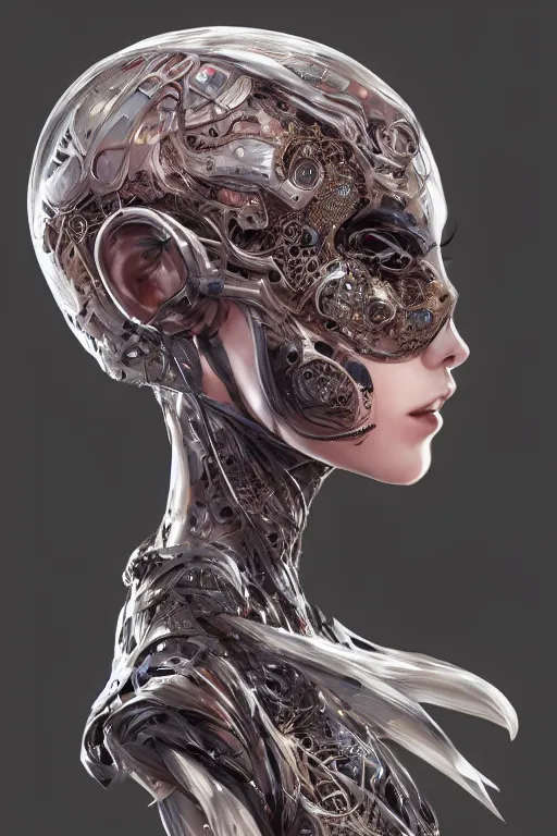 Image similar to organic cyborg head wrapped in silk, 3d, third person, sci-fi fantasy, intricate, elegant, highly detailed, lifelike, photorealistic, digital painting, artstation, illustration, concept art, sharp focus, art in the style of Shigenori Soejima