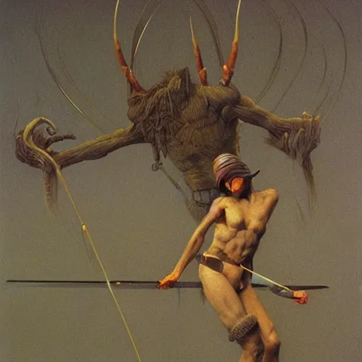 Prompt: Zdzisław Beksiński painting of an elf archer