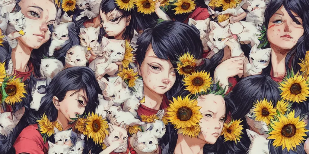 Prompt: a group of kitten by Sandra Chevrier and Sachin Teng, lots of sunflowers, anime style makoto shinkai