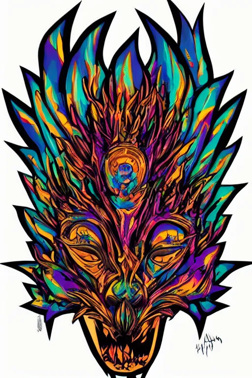 Image similar to animal mask totem roots flower tribal feather gemstone plant wood rock shaman vodoo video game vector cutout illustration vivid multicolor borderlands comics by josan gonzales and dan mumford radiating a glowing aura