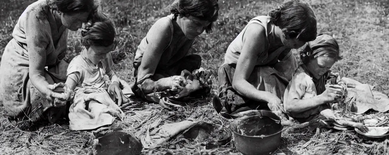 Image similar to dorothea lange photograph of a struggling mother feeding spaghetti to children, 1 9 3 6, rural, canon 5 0 mm, kodachrome, retro