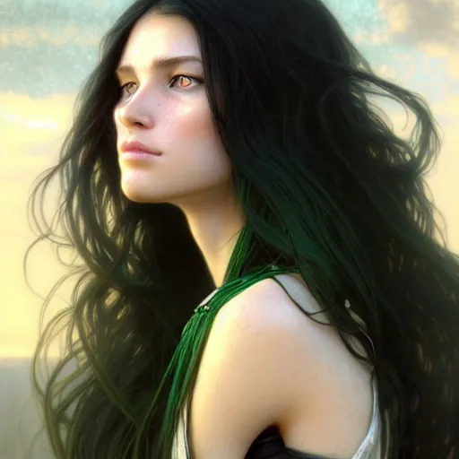 Prompt: face portrait of a very beautiful girl, fair skin, green eyes, black long hair, realistic face, no lipstick, ultra realistic, concept art, intricate details, eerie, highly detailed, photorealistic, octane render, 8 k, unreal engine. art by artgerm and greg rutkowski and charlie bowater and magali villeneuve and alphonse mucha