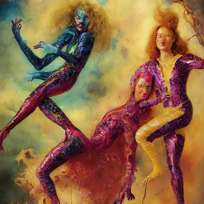 Prompt: a portrait photograph of brie larson as a brightly colored cat hybrid super hero witch with wet mutated scaled skin. wearing a infected transparant organic catsuit. by tom bagshaw, donato giancola, hans holbein, walton ford, gaston bussiere, peter mohrbacher, brian froud and iris van herpen. 8 k, cgsociety