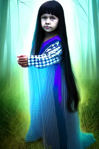 Image similar to mysterious girl child with her long black hair dressed in a chequered robe, carrying blue very big magical crystal, digital art, hd, 4 k, hyper detailed