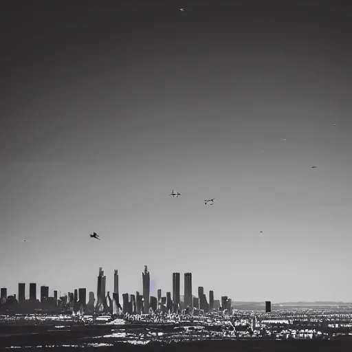 Image similar to sci fi nuclear containment buildings in an expansive river valley with a city in the distance, a sense of hope and optimism, birds overhead, stark light, day time, unsplash, national geographic, hd, high res