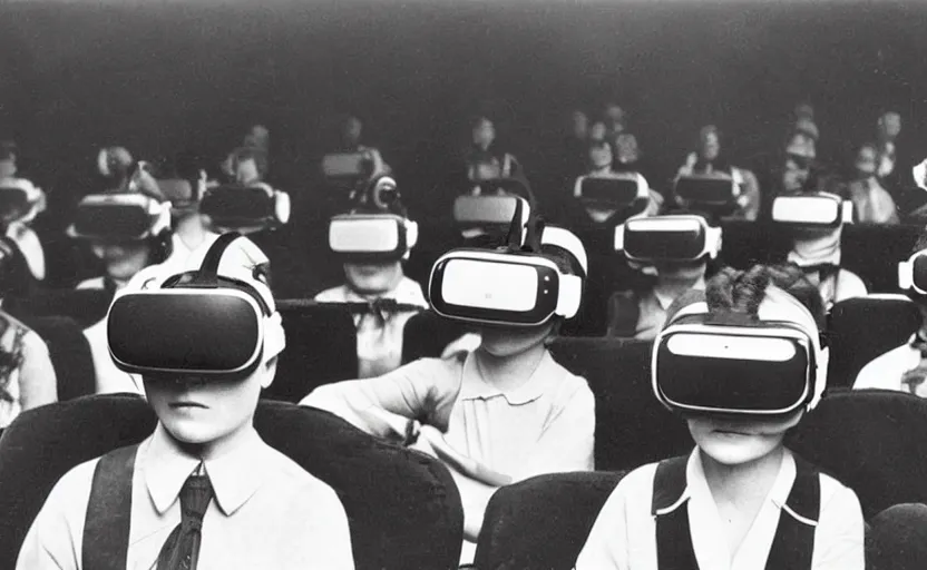 Image similar to 1 9 0 0 s photo of people wearing virtual reality headsets vr in a movie theater masterpiece old photograph