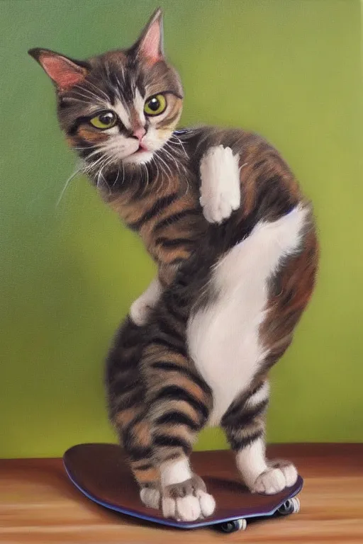 Image similar to oil painting of cute cat on a skateboard