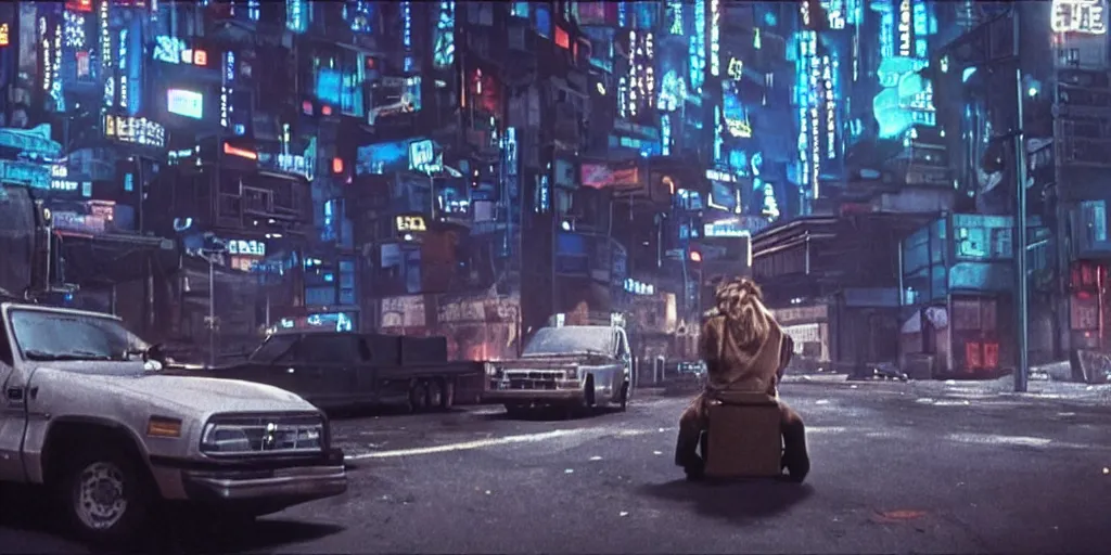 Prompt: at night, a white teenage girl with a pixie haircut in an oversized man's jacket clutches onto the back door of a giant truck as it drives towards the factory district : a still from a sci - fi dystopian cyberpunk film by steven spielberg from 1 9 8 0 s, shot on 3 5 mm film by janusz kaminski