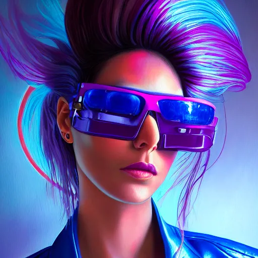 Image similar to closeup painting of a very beautiful young mexican cyberpunk woman with a smirk, wearing light blue shutter shades and a purple coloured leather jacket, one side haircut, long brown hair with light blue ends, portrait, hyperdetailed, artstation, cgsociety, 8 k, synthwave by tangerine dream, by jean - michel jarre, by vangelis, by john carpenter