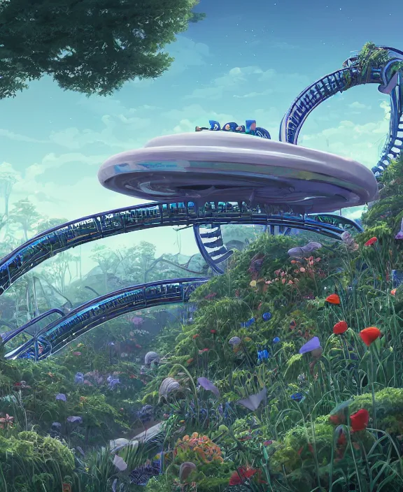 Image similar to simplicity, elegance, a roller coaster building made out of organic creatures, in the style of a streamlined asymmetrical spaceship, overgrown with flowers, bleak apocalyptic environment, by dan mumford, yusuke murata, makoto shinkai, ross tran, cinematic, unreal engine, cel shaded, featured on artstation, pixiv