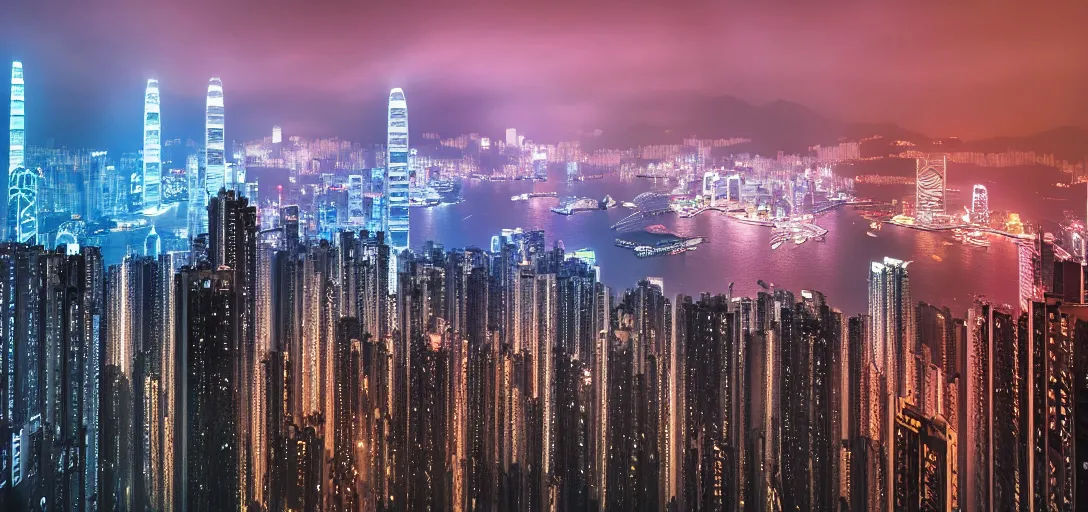 Image similar to Digital photo of a futuristic cyberpunk Hong Kong Skyline, 4K photo, award winning