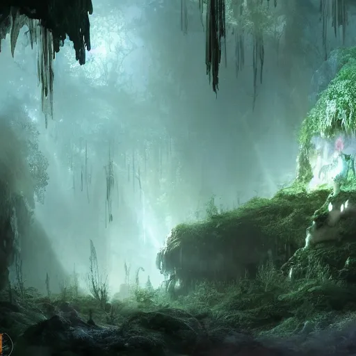 Image similar to photo an overgrown deep underground cave on another world embellished with a lush overgrown jungle of beautiful ancient alien trees, alien elvish cave village, scattered complex ancient monoliths emitting cosmic astral energy, nebula fog and cosmic mist, 4 k rtx hdr volume light concept studio matte painting environment octane, ue 5, photorealistic render trending on artstation by eytan zana