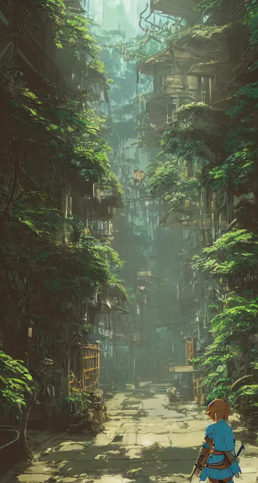 Image similar to animation concept art, Breath of the wild + studio ghibli style, Shinkai Makoto, yoji shinkawa, amazing steampunk alleyway between Japanese temples of Kyoto, mysterious, lush vegetation and fern, rule of thirds, dramatic lighting, landscape, beautiful, gorgeous, hyper detail, 8k, octane render, animated art, cinematic, trending on artstation