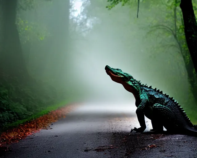 Image similar to a lomography photo of crocodile with fairy wings on foggy forest road this morning, bokeh,