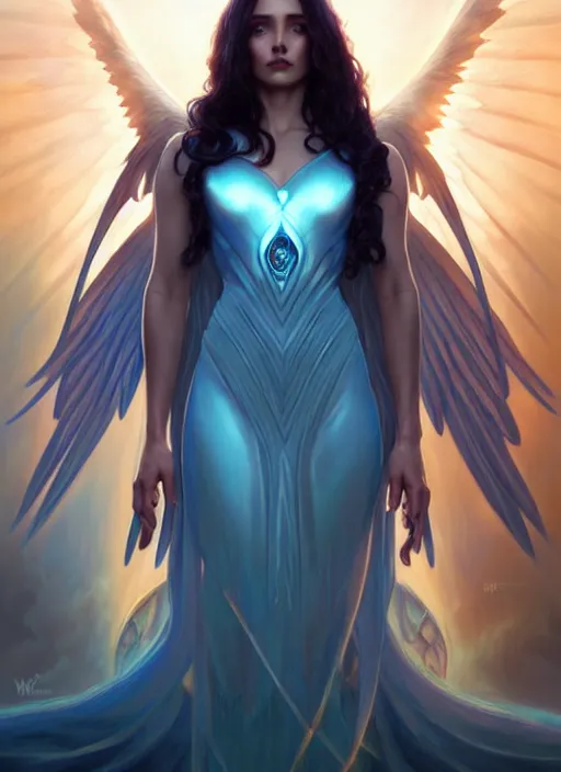 Image similar to a beautiful cinematic female archangel queen, fantasy sea landscape, fantasy magic, short aqua blue black fade hair, dark light night, intricate, elegant, sharp focus, illustration, highly detailed, digital painting, concept art, matte, art by WLOP and Artgerm and Greg Rutkowski and Alphonse Mucha, masterpiece