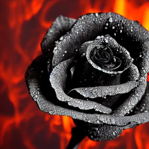 Image similar to award - winning macro of a beautiful black rose made of glowing molten magma