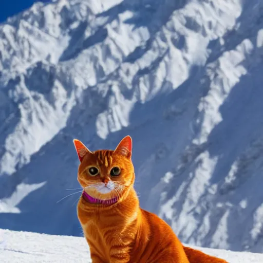 Image similar to an orange tabby cat skiing in the mountains