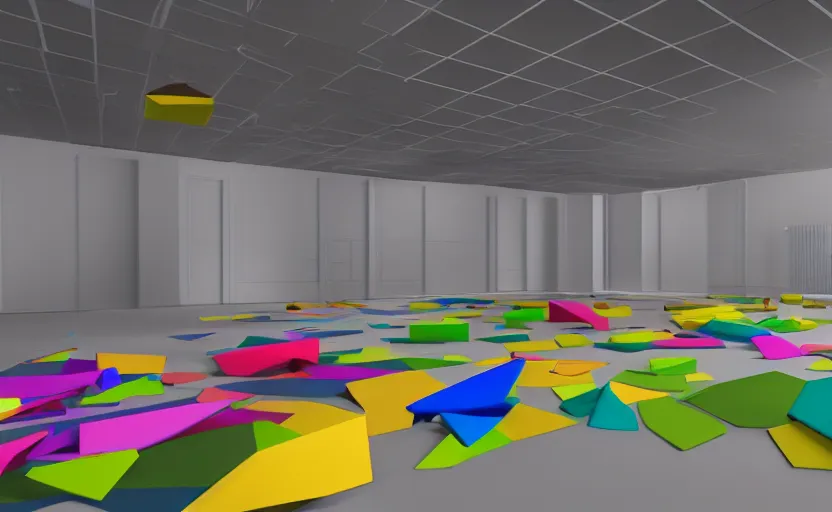 Prompt: empty room, big open floor, large colourful 3 d shapes, unreal engine and v - ray render.