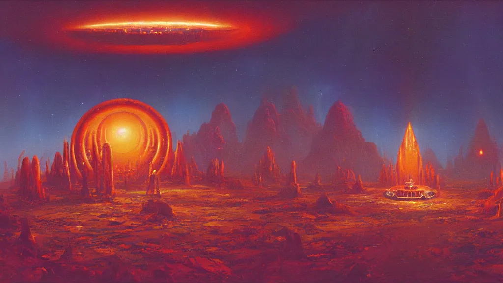 Image similar to mysterious shrine of an alien civilization by paul lehr and john schoenherr, cinematic matte painting