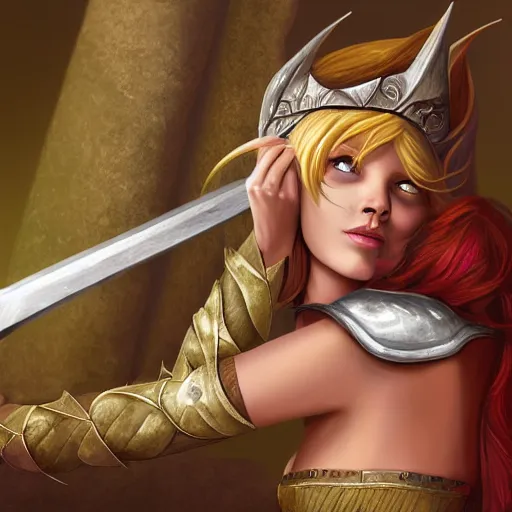 Image similar to high fantasy elf queen wearing loose armor, laying next to a large silver sword, realistic, digital art, stylized, 4k