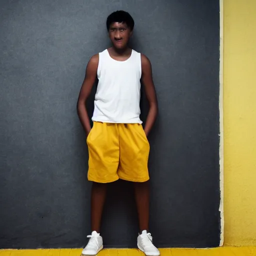 Image similar to black teenage boy with a long nose wearing a white tank top, walking in a nostalgic room with yellow walls and brown carpet