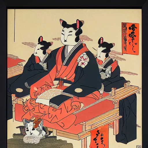 Prompt: A cat sitting on a throne in a samurai temple surrounded by his worshipers, Ukiyo-e