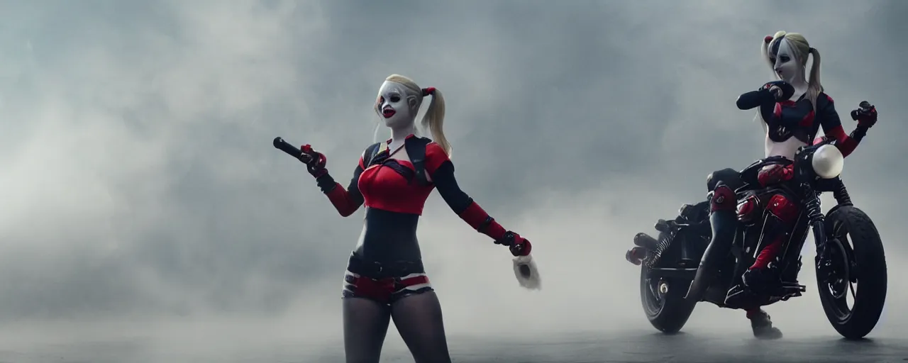 Prompt: real-life Harley Quinn riding a motorcycle holding a baseball bat, cinematic, Low angle, atmospheric fog and lighting, center frame, rule of thirds, trending on Artstation, Movie Still