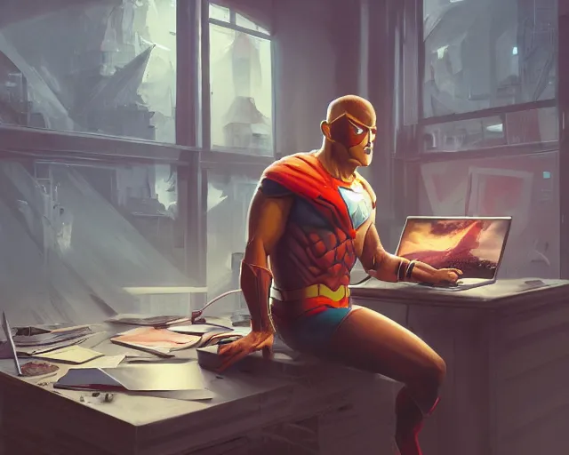 Prompt: an insanely detailed painting of a asian man wearing a superhero costume, sitting at a desk, staring at the nervously at the computer and typing, in the style of peter mohrbacher, dramatic lighting and composition, surreal background, octane render, pixar, trending on artstation, concept art, comic book, view from behind