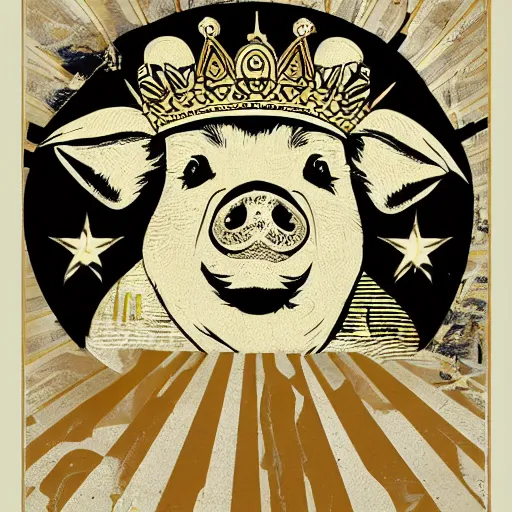 Prompt: pig wearing a gold crown on it's head Shepard Fairey, zoomed out, detailed, technical drawing, sketch, inked, 8k