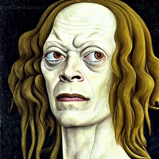 Prompt: sigourney weaver as gollum, elegant portrait by sandro botticelli, detailed, symmetrical, intricate