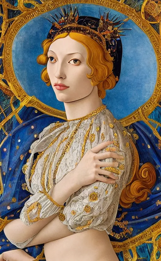 Prompt: beautifully painted mural, beautiful young synnth muse in ornate royal garment, transparent linen fabric, space opera, beautiful ornaments, highly detailed, glowing eyes, sci fi setting, vogue cover poses, fashion magazine, mural in the style of sandro botticelli, caravaggio, albrecth durer