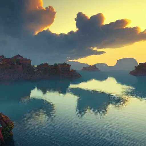 Image similar to a fishing village in a lake with cliffs covered with clouds, golden hour colors and light, epic perspective, wide angle lens, insane graphics unreal engine